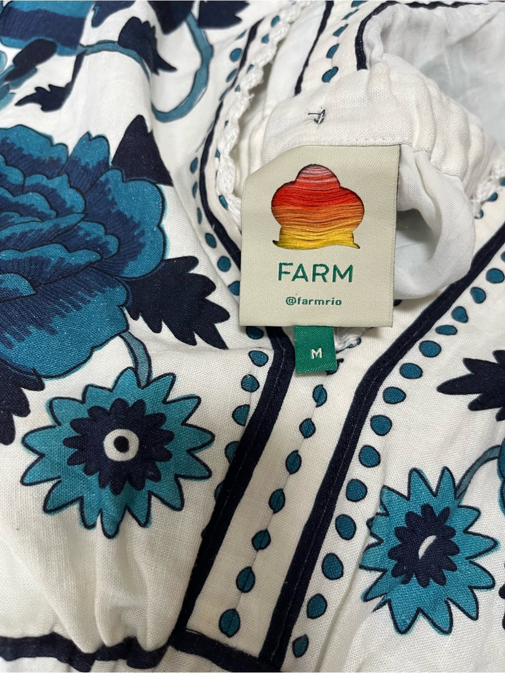 Farm Rio tropical blue white bird floral block print mini dress tassels Resort M - Picture 5 of 9